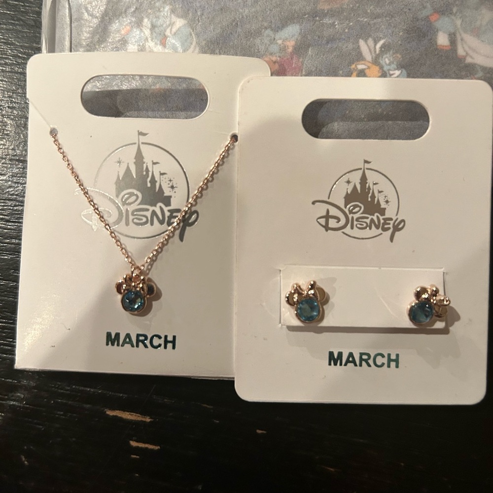 NWT Disney birthstone, March earring, and necklace